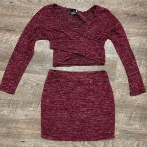 Women’s Burgundy Long Sleeve Mini Skirt Knit Marled Matching Set- Size Small